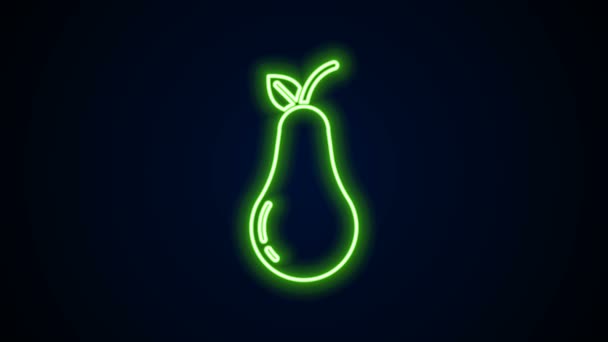 Glödande neon linje päron ikon isolerad på svart bakgrund. Frukt med bladsymbol. 4K Video motion grafisk animation — Stockvideo