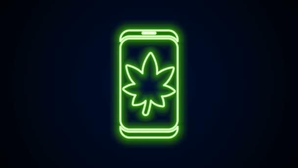 Glödande neon line Leaf på mobiltelefon ikon isolerad på svart bakgrund. 4K Video motion grafisk animation — Stockvideo