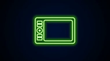 Siyah arkaplanda parlayan neon hattı grafiksel tablet simgesi izole edildi. 4K Video hareketli grafik canlandırması