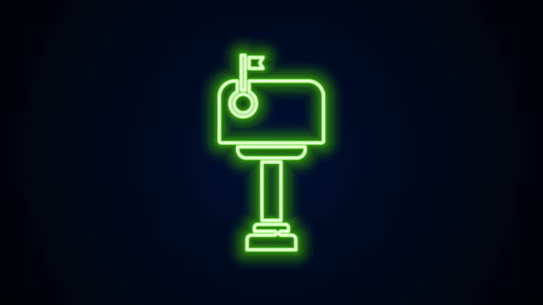 Leuchtende Leuchtschrift Briefkastensymbol isoliert auf schwarzem Hintergrund. Briefkastensymbol. Briefkasten an Mast mit Fahne. 4K Video Motion Grafik Animation — Stockvideo