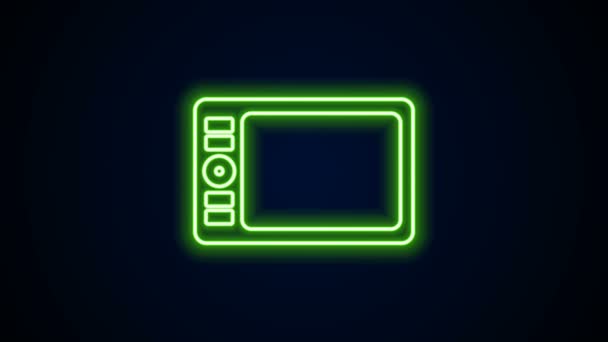 Siyah arkaplanda parlayan neon hattı grafiksel tablet simgesi izole edildi. 4K Video hareketli grafik canlandırması — Stok video