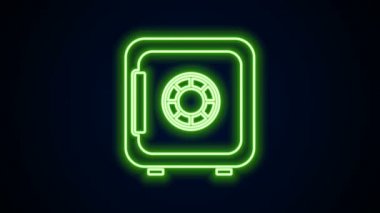 Parlayan neon hattı siyah arkaplanda güvenli simge. Kapı, şifreli bir banka kasası. Güvenilir Veri Koruma. 4K Video hareketli grafik canlandırması
