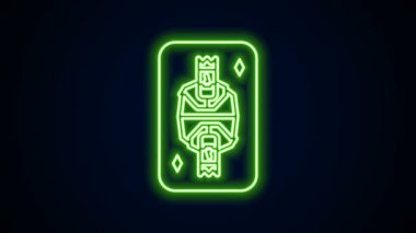 Parlayan neon hattı King, siyah arkaplanda izole edilmiş elmas sembollü kağıt oynuyor. Kumarhane kumarı. 4K Video hareketli grafik canlandırması