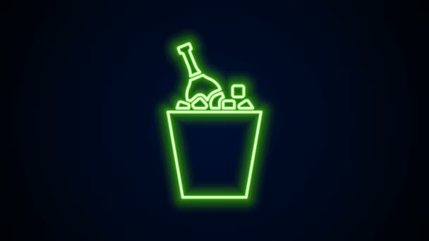 Glowing neon line Bottle of champagne in an ice bucket icon isolated on black background. 4K Video motion graphic animation — Stock Video