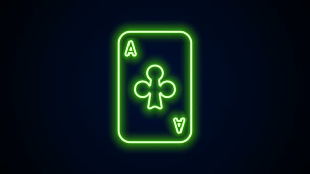 Linea al neon incandescente Carta da gioco con icona simbolo club isolata su sfondo nero. Gioco d'azzardo. Animazione grafica 4K Video motion — Video Stock