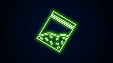 Parlayan neon hattı siyah arka planda izole edilmiş plastik torba uyuşturucu ikonu. Sağlık tehlikesi. 4K Video hareketli grafik canlandırması