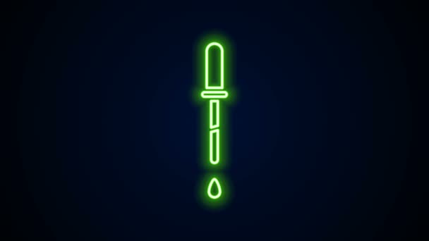 Glödande neon linje Pipett ikon isolerad på svart bakgrund. Inslag av medicinsk utrustning, kemilabbutrustning. Pipett med droppe. Medicinsymbol. 4K Video motion grafisk animation — Stockvideo