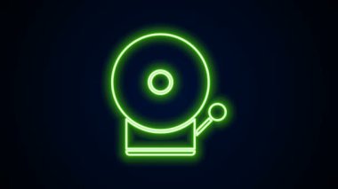 Parlayan neon hattı alarm zili simgesi siyah arkaplanda izole edildi. Yangın alarmı. Servis zili, el zili işareti, uyarı sembolü. 4K Video hareketli grafik canlandırması