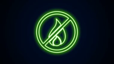 Parlayan neon hattı. Siyah arkaplanda ateş simgesi yok. Yangın yasağı ve yasak. 4K Video hareketli grafik canlandırması
