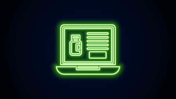 Linea neon incandescente Comprare farmaci online sull'icona del laptop isolato su sfondo nero. Simbolo di acquisto online. Animazione grafica 4K Video motion — Video Stock