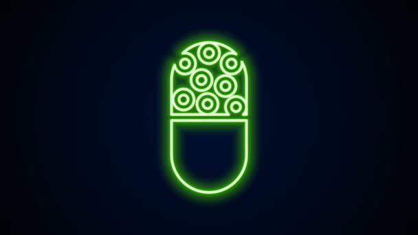 Świecąca linia neonowa Pigułka medyczna lub ikona tabletki izolowane na czarnym tle. Tabletka kapsułki i znak narkotyków. Projekt apteki. 4K Animacja graficzna ruchu wideo — Wideo stockowe