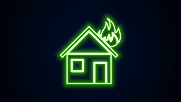 Glowing neon line Fire in burning house icon isolated on black background. 4K Video motion graphic animation — Stock Video