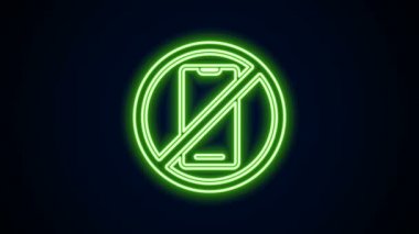 Parlayan neon hattı. Siyah arkaplanda cep telefonu simgesi yok. Konuşmak ve işaret vermek yok. Hücre yasağı. 4K Video hareketli grafik canlandırması