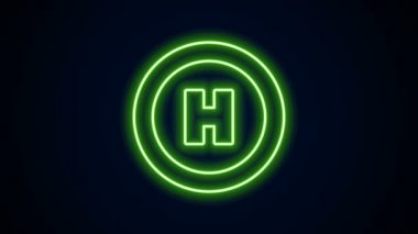 Parlayan neon hattı helikopter iniş pisti simgesi siyah arkaplanda izole edildi. Helikopter pisti, alan, platform, H harfi. 4K Video hareketli grafik canlandırması