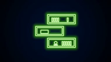 Siyah zemin üzerinde kitap simgesi olan parlak neon çizgi rafı. Raflar işaretli. 4K Video hareketli grafik canlandırması