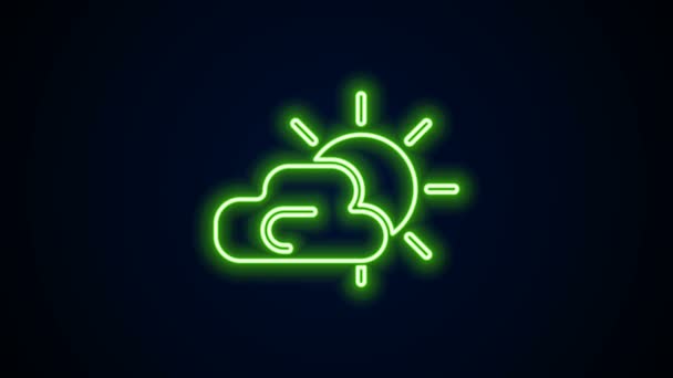 Ragyogó neon vonal Nap és felhő időjárás ikon elszigetelt fekete háttérrel. 4K Videó mozgás grafikus animáció — Stock videók