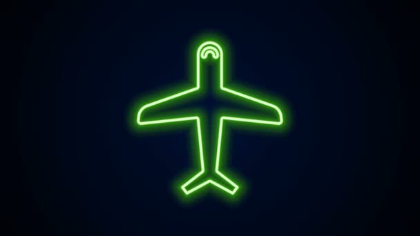 Glödande neon line Plane ikon isolerad på svart bakgrund. Flygplansikonen. Flygplansskylt. 4K Video motion grafisk animation — Stockvideo