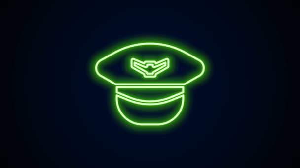 Linha de néon brilhante ícone chapéu piloto isolado no fundo preto. Animação gráfica em movimento de vídeo 4K — Vídeo de Stock