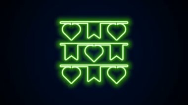 Siyah arkaplanda bayrak simgesi olan parlak neon çizgili karnaval çelengi. Doğum günü kutlaması için parti flamaları, festival dekorasyonu. 4K Video hareketli grafik canlandırması