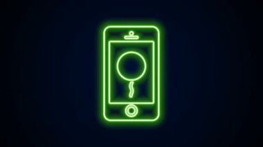 Siyah arkaplanda izole edilmiş doğum günü mesajı simgesiyle parlayan neon hattı cep telefonu. 4K Video hareketli grafik canlandırması