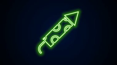 Parlayan neon hattı Havai fişek roketi ikonu siyah arkaplanda izole edildi. Eğlence partisi anlayışı. Patlayıcı havai fişek sembolü. 4K Video hareketli grafik canlandırması