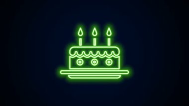 Siyah arkaplanda izole edilmiş yanan mum simgesiyle parlayan neon çizgi pastası. Doğum günün kutlu olsun. 4K Video hareketli grafik canlandırması
