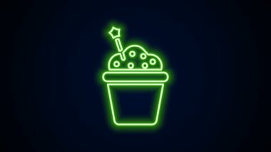 Parlayan neon hattı Kek simgesi siyah arkaplanda izole edildi. Doğum günün kutlu olsun. 4K Video hareketli grafik canlandırması