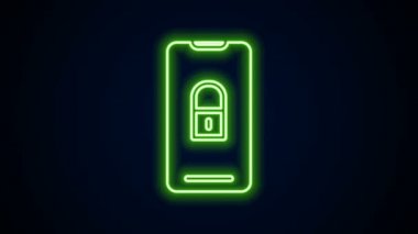 Siyah arkaplanda kapalı asma kilit simgesine sahip parlak neon hattı Smartphone. Kilitli telefon. Gezici güvenlik, güvenlik, koruma konsepti. 4K Video hareketli grafik canlandırması