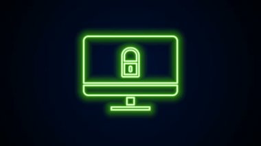 Parlayan neon hattı Kilidi siyah arkaplanda izole edilmiş bilgisayar monitör simgesi üzerinde. Güvenlik, güvenlik, koruma kavramı. Güvenli bir ağ. 4K Video hareketli grafik canlandırması