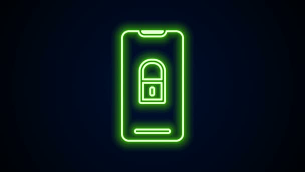 Glödande neon line Smartphone med stängt hänglås ikon isolerad på svart bakgrund. Telefon med lås. Mobilsäkerhet, säkerhet, skyddskoncept. 4K Video motion grafisk animation — Stockvideo
