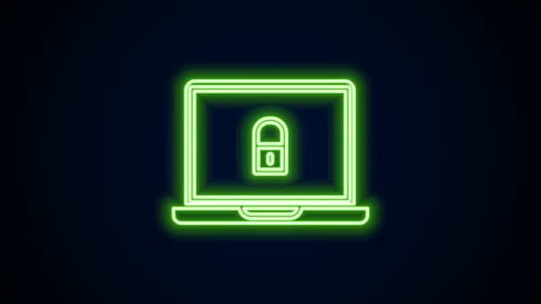 Glowing neon line Laptop and lock icon isolated on black background. Computer and padlock. Security, safety, protection concept. Safe internetwork. 4K Video motion graphic animation — Stock Video