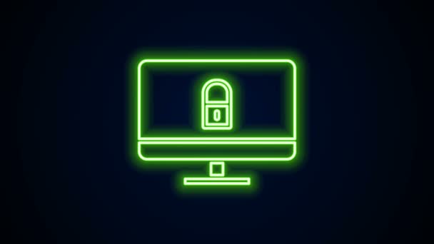 Leuchtende Leuchtschrift Lock on computer monitor screen icon isoliert auf schwarzem Hintergrund. Sicherheit, Sicherheit, Schutzkonzept. Sichere Vernetzung. 4K Video Motion Grafik Animation — Stockvideo