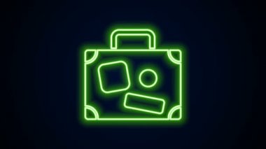 Parlayan neon hattı seyahat simgesi bavulu siyah arkaplanda izole edildi. Seyahat bagaj tabelası. Seyahat bagaj ikonu. 4K Video hareketli grafik canlandırması