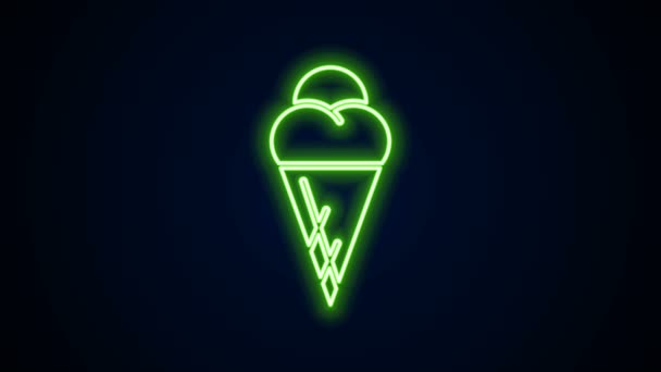 发亮的霓虹灯线冰淇淋在华夫饼锥形图标孤立在黑色背景.甜蜜的象征。4K视频运动图形动画 — 图库视频影像