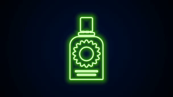 Glowing neon line Sunscreen spray bottle icon isolated on black background. Protection for the skin from solar ultraviolet light. 4K Video motion graphic animation — Stock Video
