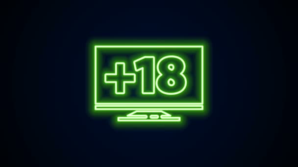 Linha de néon brilhante Monitor de computador com 18 plus ícone de conteúdo isolado no fundo preto. Símbolo de restrição de idade. Sinal de conteúdo sexual. Canal adulto. Animação gráfica em movimento de vídeo 4K — Vídeo de Stock