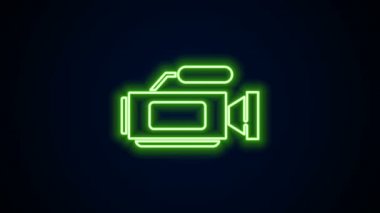 Parlayan neon hattı sinema kamerası simgesi siyah arkaplanda izole edildi. Video kamera. Film tabelası. Film projektörü. 4K Video hareketli grafik canlandırması