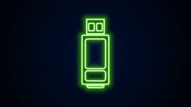 Parlayan neon hattı USB flash disk simgesi siyah arkaplanda izole edildi. 4K Video hareketli grafik canlandırması
