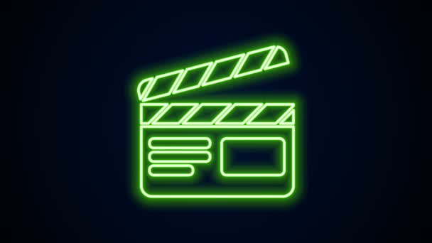 Λάμψη νέον γραμμή ταινία clapper εικονίδιο απομονώνονται σε μαύρο φόντο. Σκακιέρα για ταινίες. Πινακίδα με πλακέτες. Κινηματογραφική παραγωγή ή βιομηχανία μέσων ενημέρωσης. 4K Γραφική κίνηση κίνησης βίντεο — Αρχείο Βίντεο