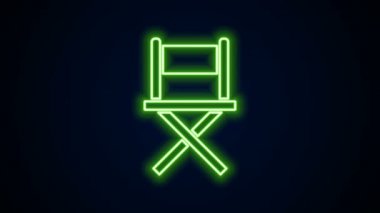 Parlayan neon hattı yönetmen koltuğu simgesi siyah arkaplanda izole edildi. Film endüstrisi. 4K Video hareketli grafik canlandırması