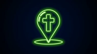 Siyah arkaplanda izole edilmiş Hristiyan haç simgesiyle parlayan neon çizgisi haritası işaretçisi. 4K Video hareketli grafik canlandırması