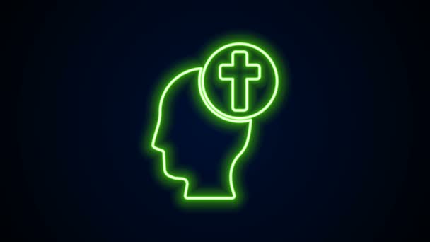 Világító neon vonal Emberi fej keresztény kereszt ikon elszigetelt fekete háttérrel. 4K Videó mozgás grafikus animáció — Stock videók