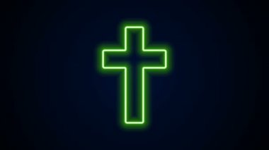Parlayan neon hattı Hıristiyan çapraz simgesi siyah arka planda izole edildi. Kilise haçı. 4K Video hareketli grafik canlandırması