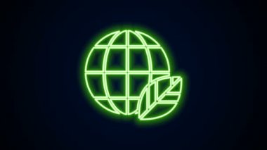 Parlayan neon hattı Dünya küresi ve yaprak ikonu siyah arka planda izole edildi. Dünya ya da Dünya işareti. Geometrik şekiller. Çevresel konsept. 4K Video hareketli grafik canlandırması