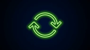 Parlayan neon hattı yenileme simgesi siyah arkaplanda izole edildi. Sembolü yeniden yükle. Döndürme okları daire işareti şeklinde. 4K Video hareketli grafik canlandırması
