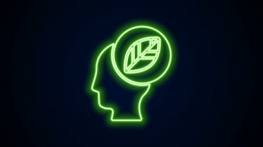 Işıldayan neon çizgisi insan kafası ve simgenin içindeki yaprak siyah arkaplanda izole. 4K Video hareketli grafik canlandırması