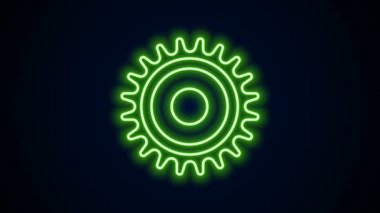 Parlak neon çizgisi. Siyah arka planda bulunan testere ucu simgesi. Testere tekerleği. 4K Video hareketli grafik canlandırması