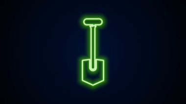 Parlayan neon hattı kürek simgesi siyah arkaplanda izole edildi. Bahçe aletleri. Bahçecilik, tarım, çiftçilik aleti. 4K Video hareketli grafik canlandırması