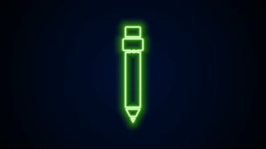 Siyah arkaplanda silgi simgesi olan parlak neon çizgili kalem. Çizim ve eğitim araçları. Okul sembolü. 4K Video hareketli grafik canlandırması
