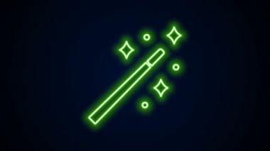 Parlayan neon hattı sihirli değnek simgesi siyah arkaplanda izole edildi. Yıldız şeklinde sihirli aksesuar. Sihirli güç. 4K Video hareketli grafik canlandırması